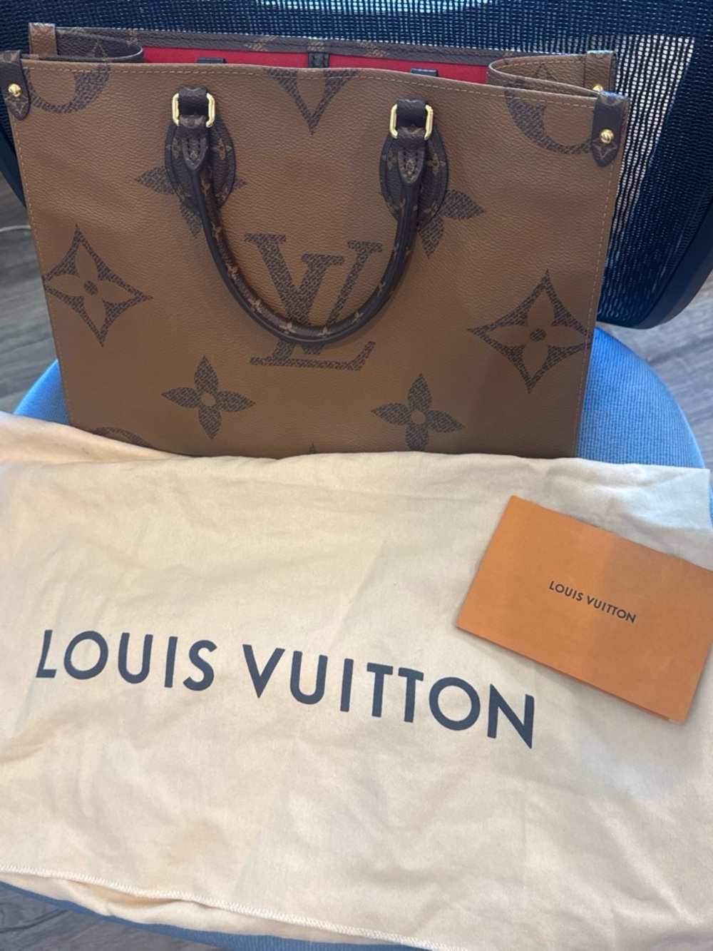 Louis Vuitton M45321 Brown Monogram Tote with Red Interior Accents